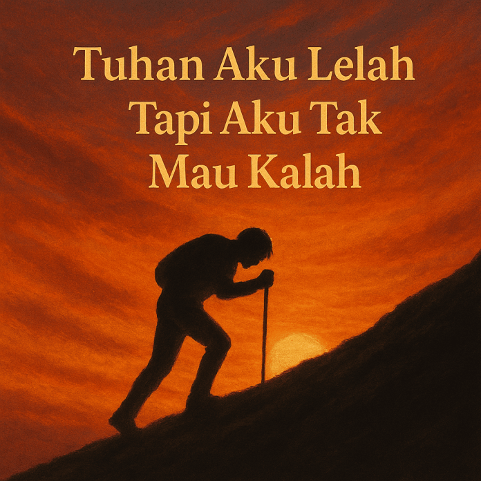 Ilustrasi siluet seorang pria mendaki bukit dengan latar belakang matahari terbenam, menggambarkan perjuangan dan keteguhan hati.