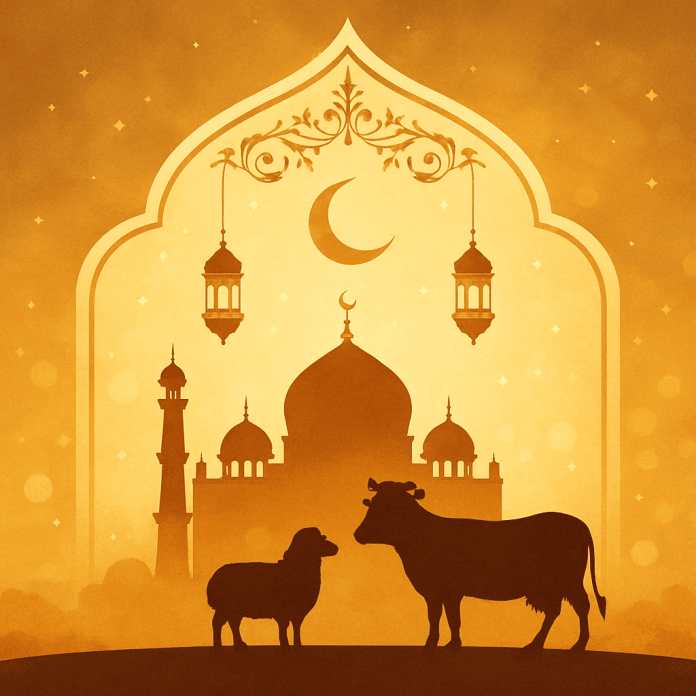Ilustrasi digital bertema Idul Adha dalam gaya seni Islam, menampilkan siluet masjid dengan kubah dan menara, dihiasi bulan sabit dan lentera yang tergantung. Di latar depan terdapat siluet kambing dan sapi, menggambarkan hewan kurban, dalam nuansa warna keemasan yang hangat.