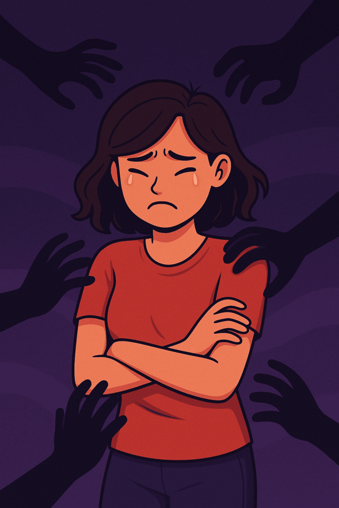 Ilustrasi animasi seorang perempuan tampak sedih dan ketakutan, dikelilingi oleh bayangan tangan hitam yang mengancam.