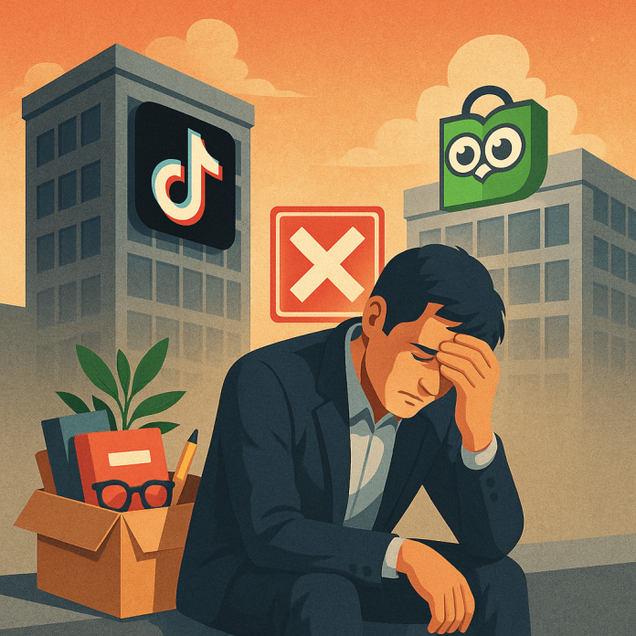Ilustrasi digital seorang pria sedih duduk di trotoar dengan kotak berisi barang pribadi setelah terkena PHK, berlatar gedung bertanda logo TikTok dan Tokopedia serta rambu silang merah yang melambangkan pemutusan hubungan kerja.