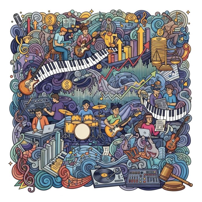 Ilustrasi ini menggambarkan kompleksitas dan harapan baru dalam sistem royalti musik, dari hak pencipta hingga kewajiban pengguna karya.