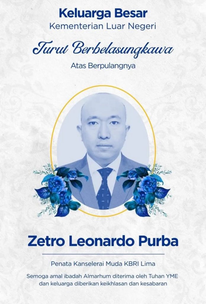 Zetro Leonardo Purba (40), diplomat Indonesia di Kedutaan Besar RI Lima, Peru, tewas ditembak tiga kali saat bersepeda pulang ke apartemennya di distrik Lince, Senin (1/9/2025) waktu setempat.