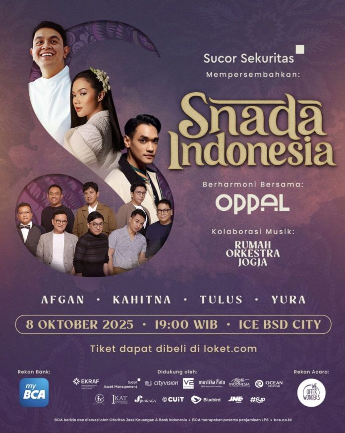 Konser Snada Indonesia akan digelar pada 8 Oktober 2025 di ICE BSD, Tangerang. Acara ini menghadirkan Tulus, Kahitna, Afgan, Yura Yunita, dengan iringan Rumah Orkestra Jogja dan sentuhan busana karya desainer lokal.