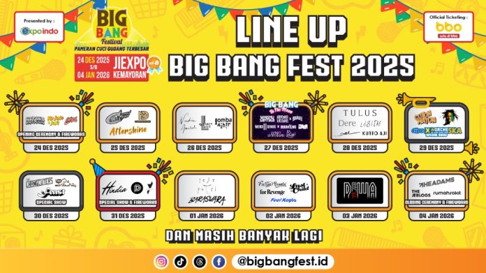 Jadwal dan line-up Big Bang Festival 2025 yang digelar pada 24 Desember 2025 - 4 Januari 2026 di JIExpo Kemayoran.