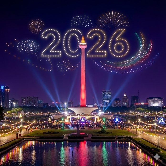 Ilustrasi suasana perayaan malam Tahun Baru 2026 di kawasan Monumen Nasional (Monas), Jakarta.