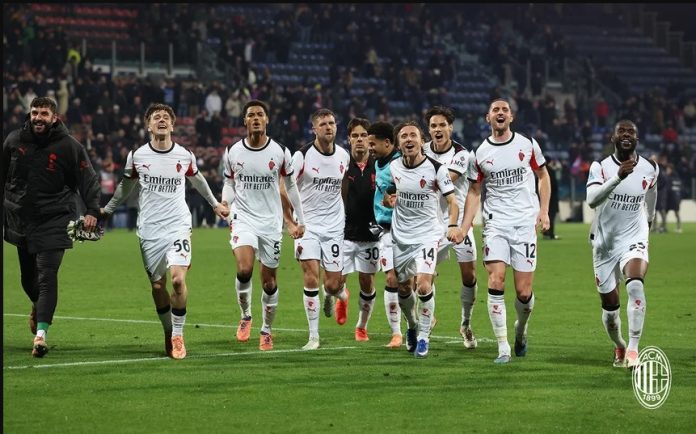 Momen pemain AC Milan merayakan kemenangan dalam laga Cagliari vs AC Milan pada lanjutan Serie A pekan ke-17 di Stadion Unipol Domus, Cagliari, Sabtu (3/1/2026).