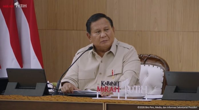 Presiden Prabowo Subianto menggelar taklimat awal tahun dalam rangkaian retret Kabinet Merah Putih di Padepokan Garuda Yaksa, Hambalang, Bogor, Jawa Barat, Selasa (6/1/2026).