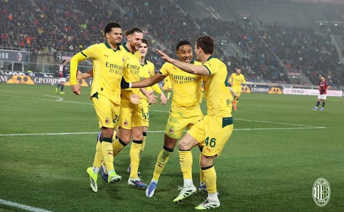 Para pemain AC Milan merayakan kemenangan usai mengalahkan Bologna 3-0 dalam laga pekan ke-23 Serie A di Stadion Renato Dall’Ara, Rabu (4/2/2026).