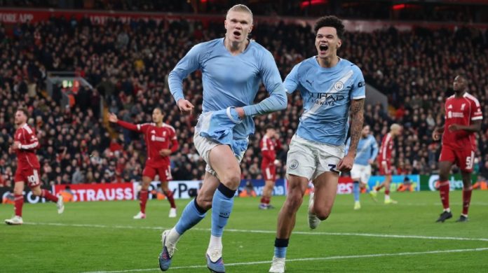Erling Haaland merayakan gol usai mengeksekusi penalti dalam laga Liverpool vs Manchester City yang berakhir 1-2 pada pekan ke-25 Premier League di Anfield, Minggu (8/2/2026).