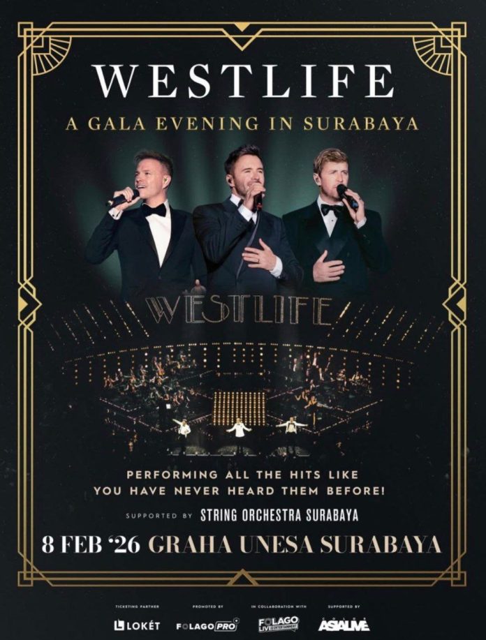 Grup vokal legendaris asal Irlandia, Westlife, akan menggelar konser spesial bertajuk “A Gala Evening in Surabaya” di Graha Unesa, Surabaya, pada Minggu, 8 Februari 2026 mendatang.